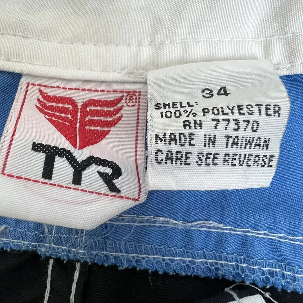 TYR Swim Trunks Men's 34 Navy/White/Blue Striped Drawstring Non-Lined Logo